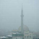 A foggy weather of a minaret in Kosovo